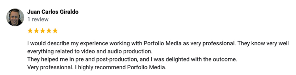 I would describe my experience working with Porfolio Media as very professional. They know very well everything related to video and audio production. They helped me in pre and post-production, and I was delighted with the outcome. Very professional. I highly recommend Porfolio Media